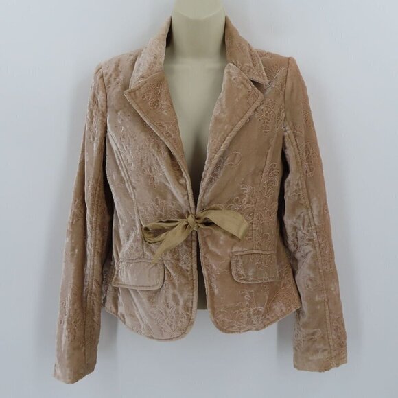 Old Navy Womens Small Beige Velvet Embroidered Flower Collared Jacket Coat Y2K - Picture 15 of 15